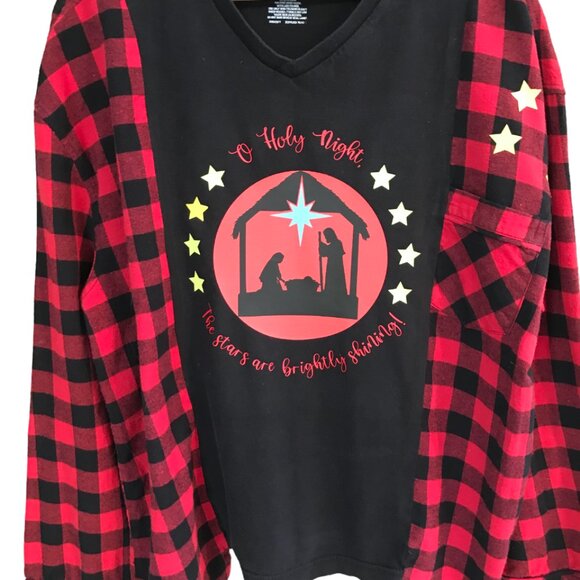 Christmas Flannel, Size M to XL: Upcycled Red Plaid Shirt, Nativity Scene Top - Picture 8 of 10